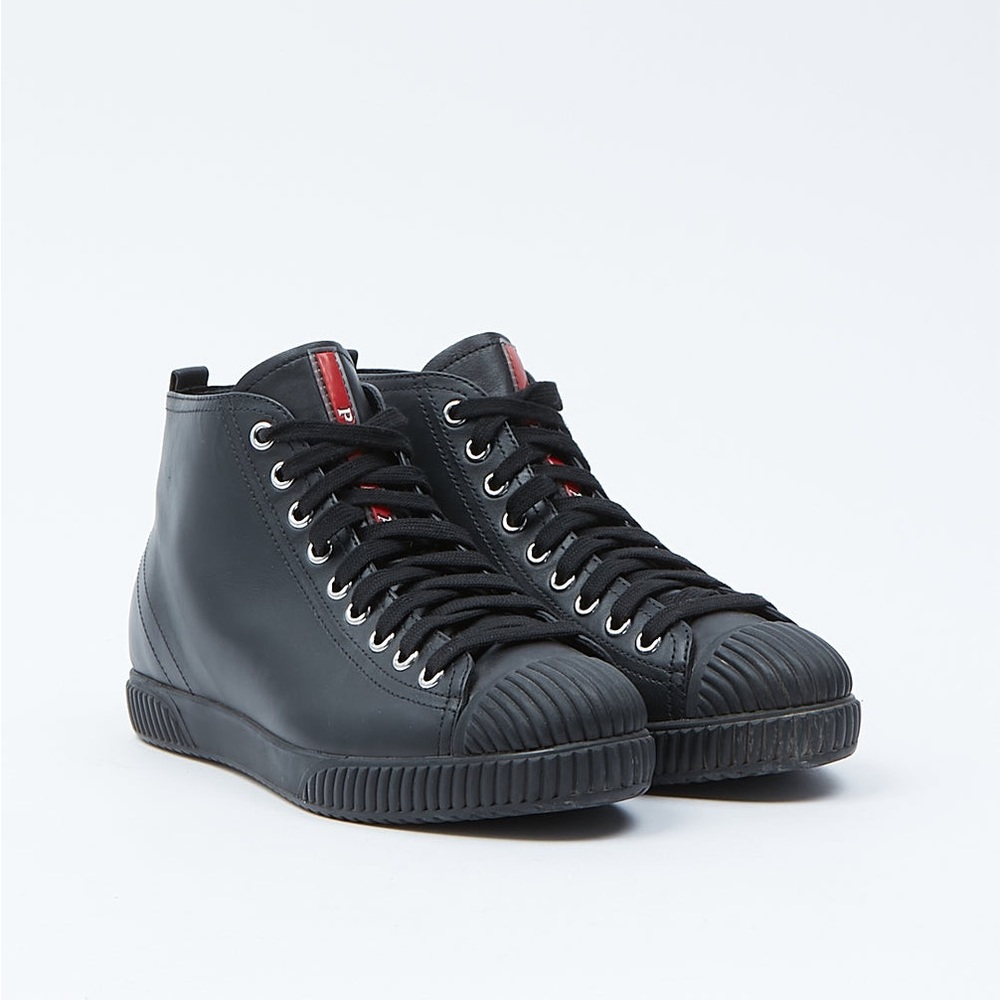 Prada High Top Black Leather Lace Up Sneakers Size 9